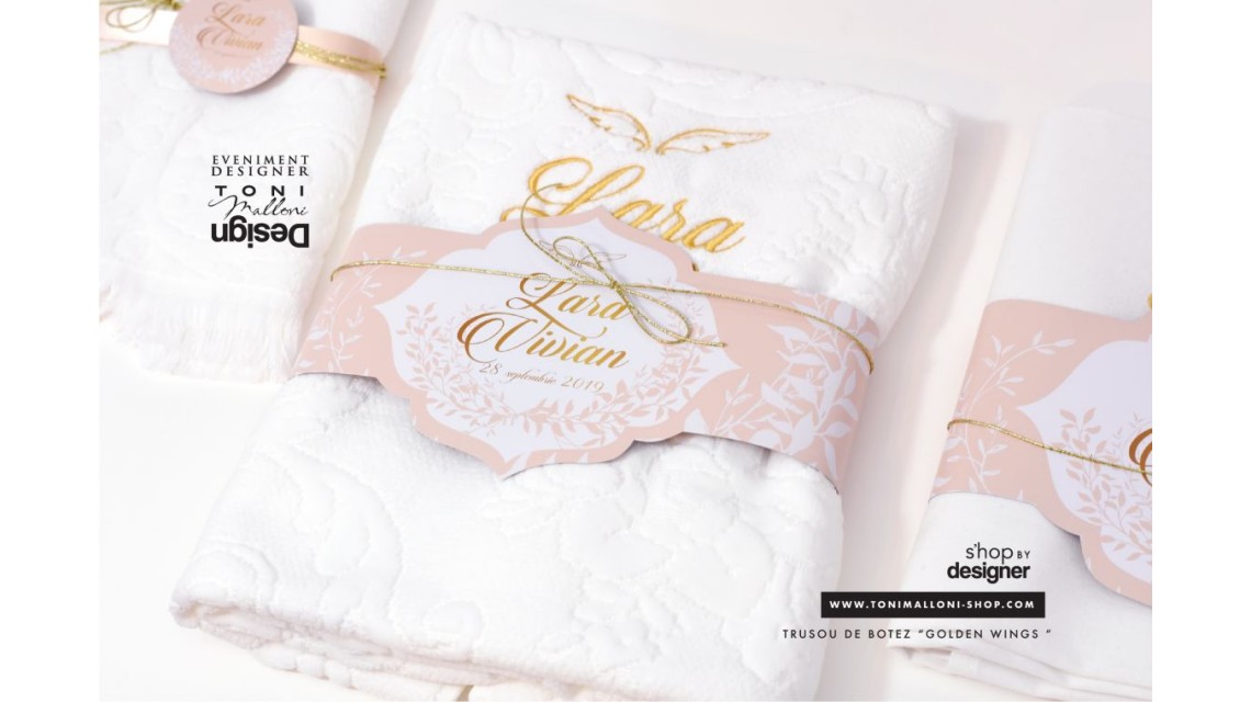 Trusou de botez gold cu ingeras pentru fetite cu broderie personalizata, Gold Wings 5